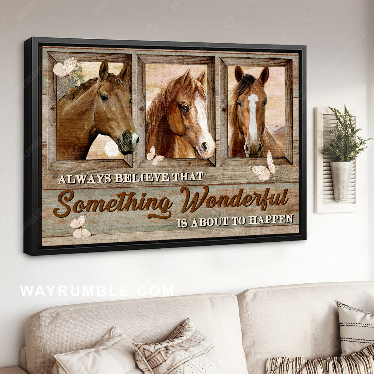 Three horse painting, White butterfly, Always believe that something wonderful - Jesus Landscape Canvas Prints, Christian Wall Art