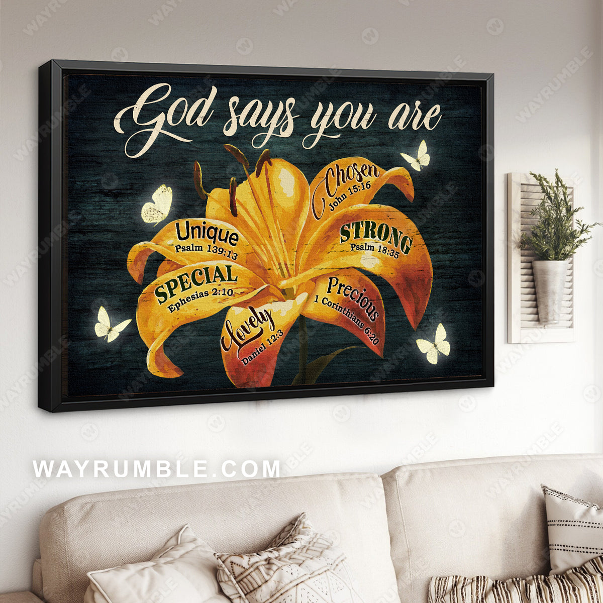 Golden flower, Yellow lily, Pretty butterfly, God says you are unique - Jesus Landscape Canvas Prints, Christian Wall Art
