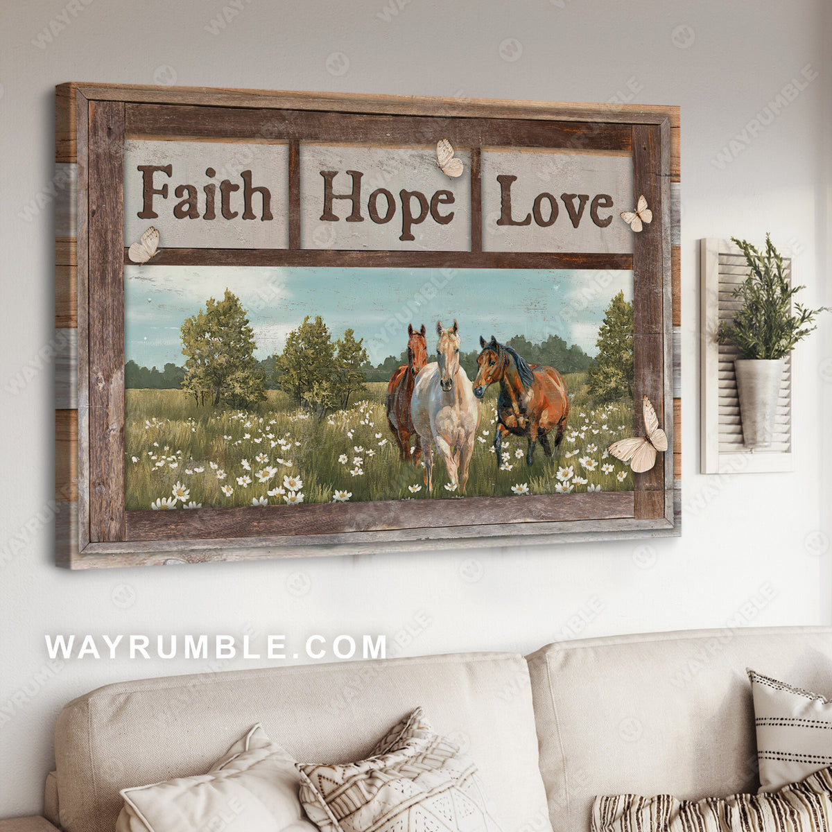 Pretty daisy field, Green meadow, Running horse, Faith, Hope, Love - Jesus Landscape Canvas Prints, Christian Wall Art