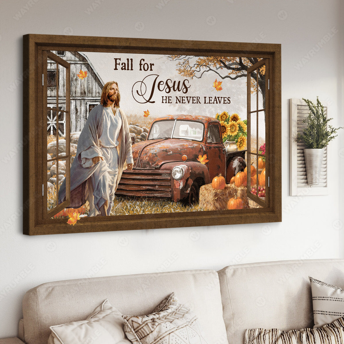 Walking with Jesus, Antique ladybug car, Pumpkin, Fall for Jesus - Jesus Landscape Canvas Prints, Home Decor Wall Art