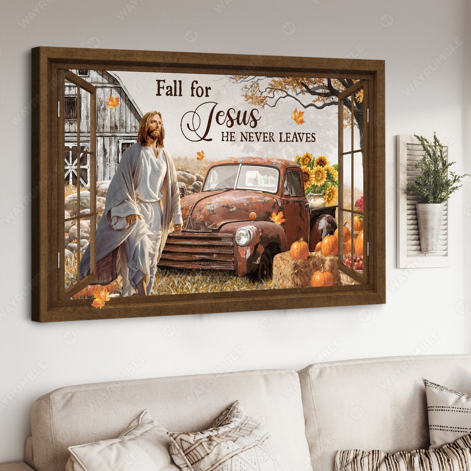Walking with Jesus, Antique ladybug car, Pumpkin, Fall for Jesus - Jesus Landscape Canvas Prints, Home Decor Wall Art