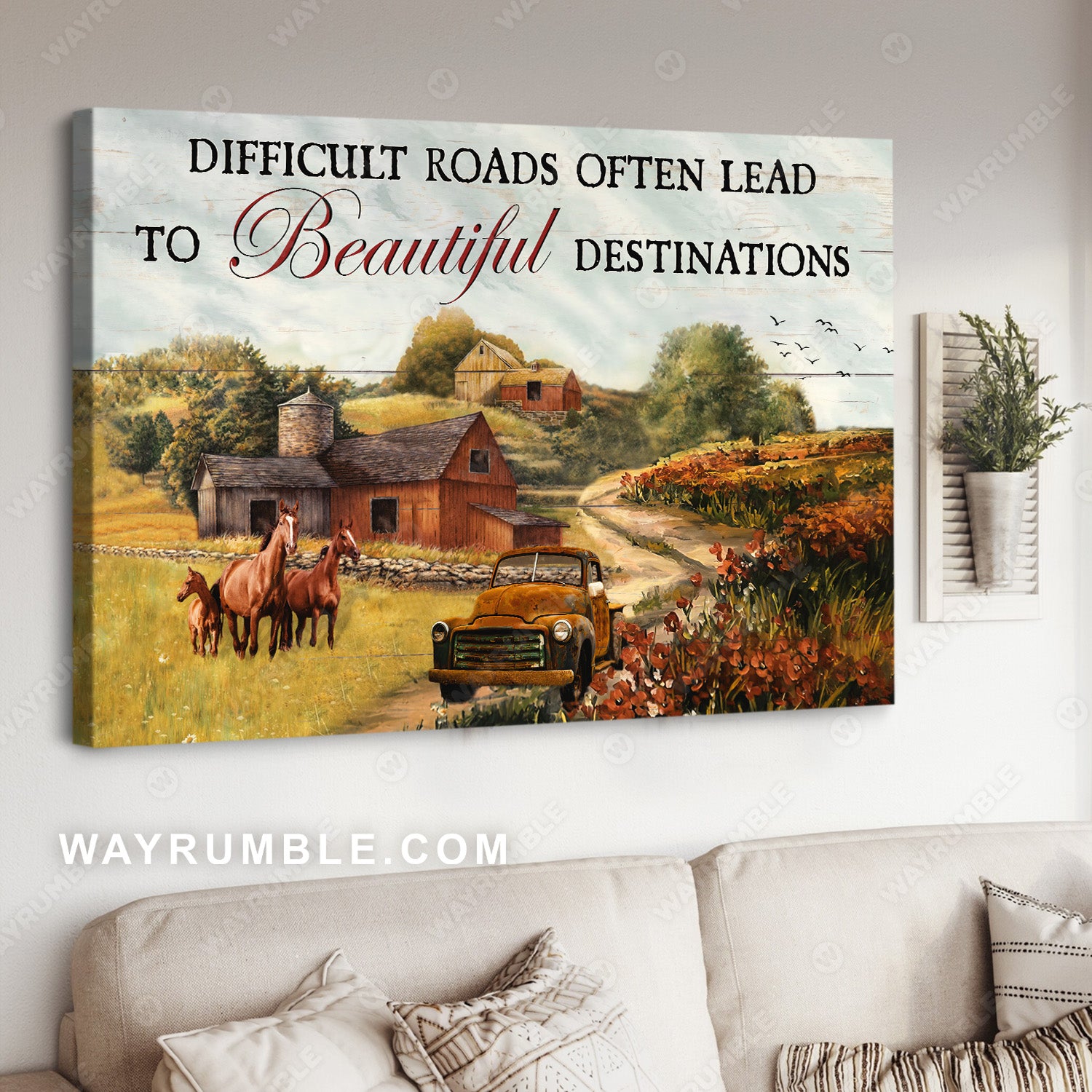 Countryside painting, Horses drawing, Difficult roads often lead to beautiful destinations - Jesus Landscape Canvas Prints, Christian Wall Art