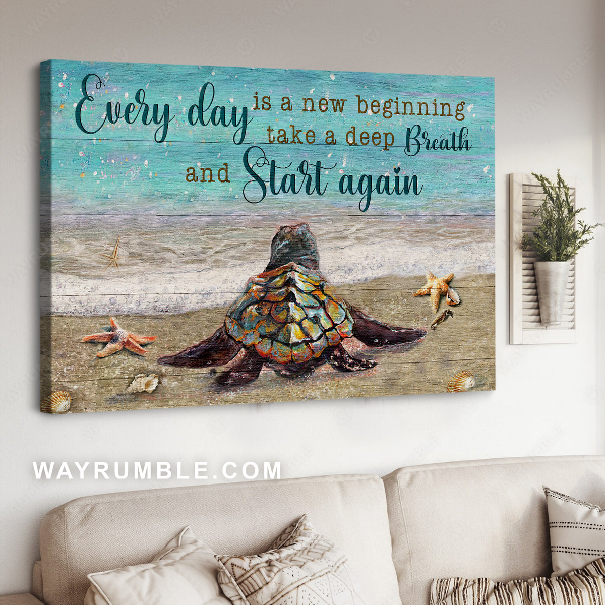 Colorful sea turtle, Orange starfish, Ocean, Every day is a new beginning - Jesus Landscape Canvas Prints, Christian Wall Art