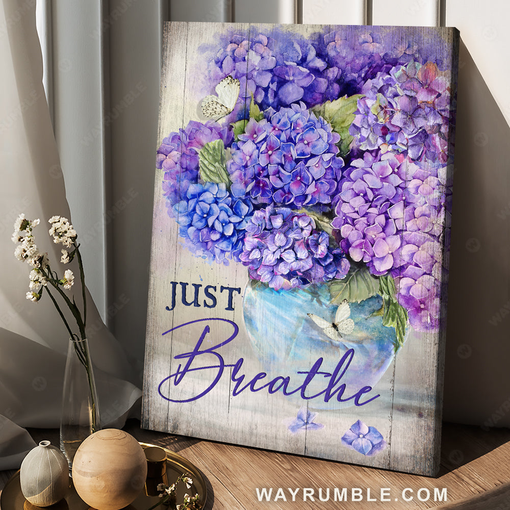 Beautiful hydrangea drawing, Purple flower, Just breathe - Jesus Portrait Canvas Prints, Christian Wall Art