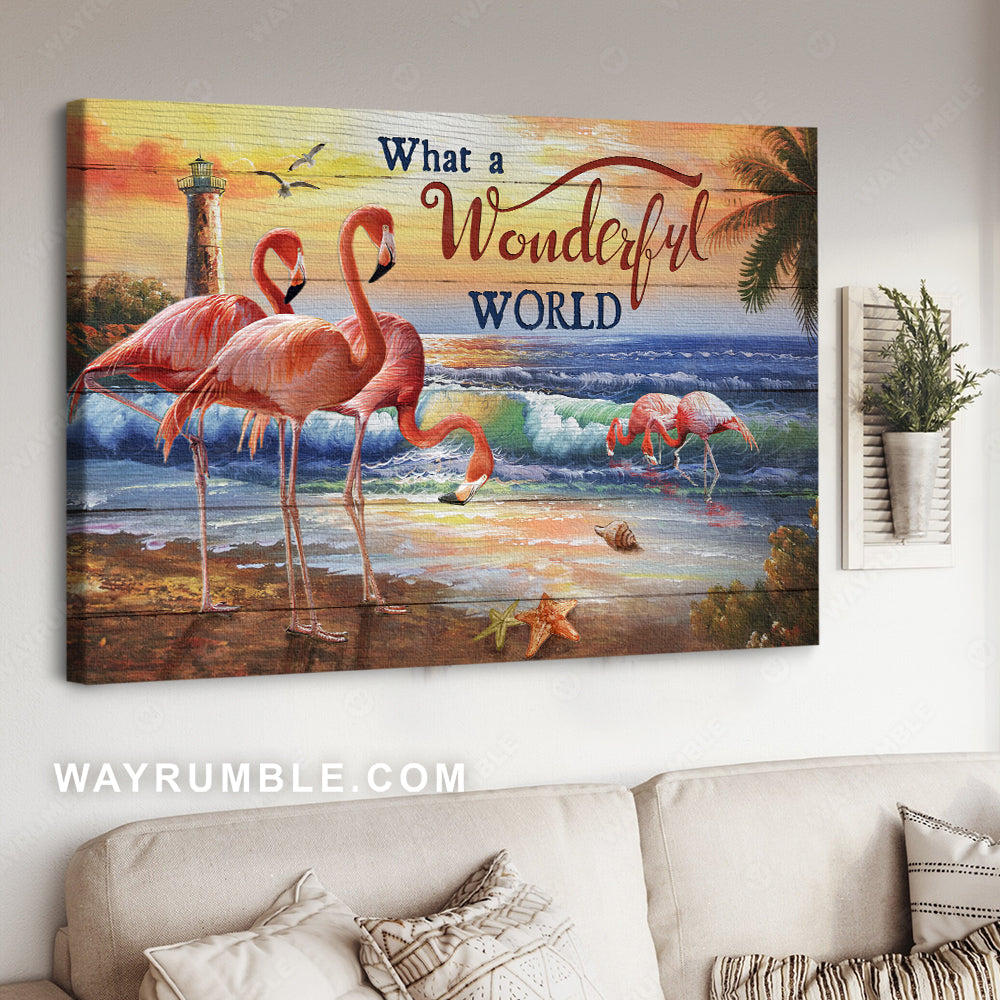Pink flamingo, Colorful sunset, Ocean drawing, What a wonderful world - Jesus Landscape Canvas Prints, Christian Wall Art