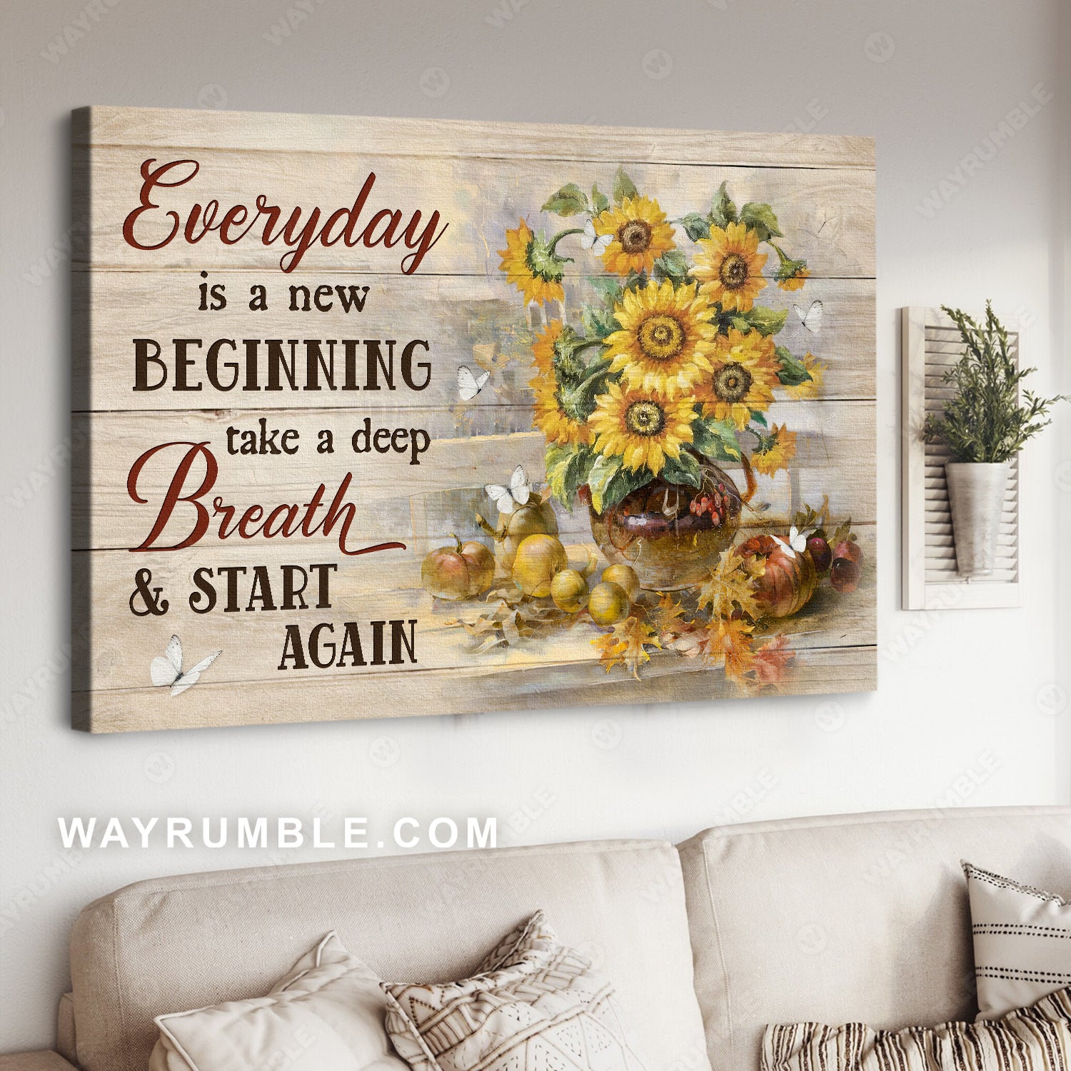 Pretty sunflower, Antique vase, Maple leaf, Every day is a new beginning - Jesus Landscape Canvas Prints, Home Decor Wall Art