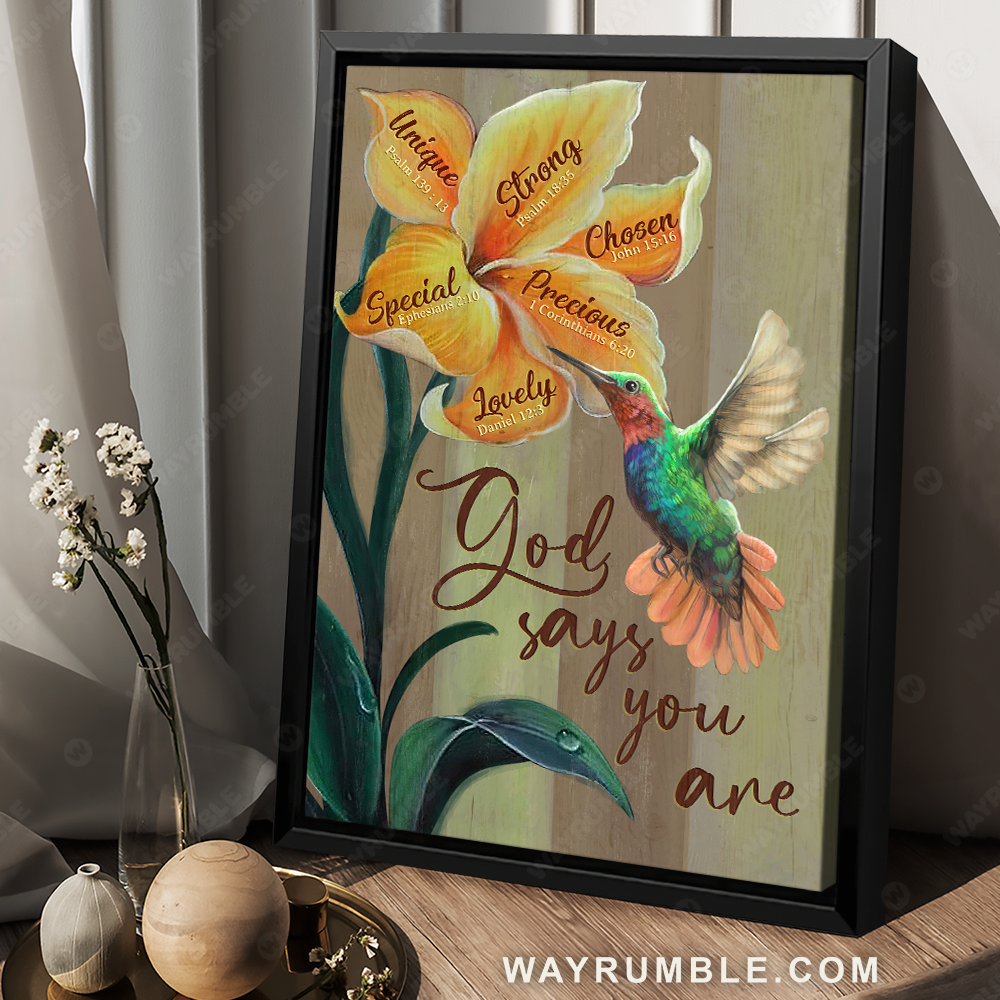 Beautiful yellow lily, Colorful hummingbird, God says you are unique - Jesus Portrait Canvas Prints, Christian Wall Art