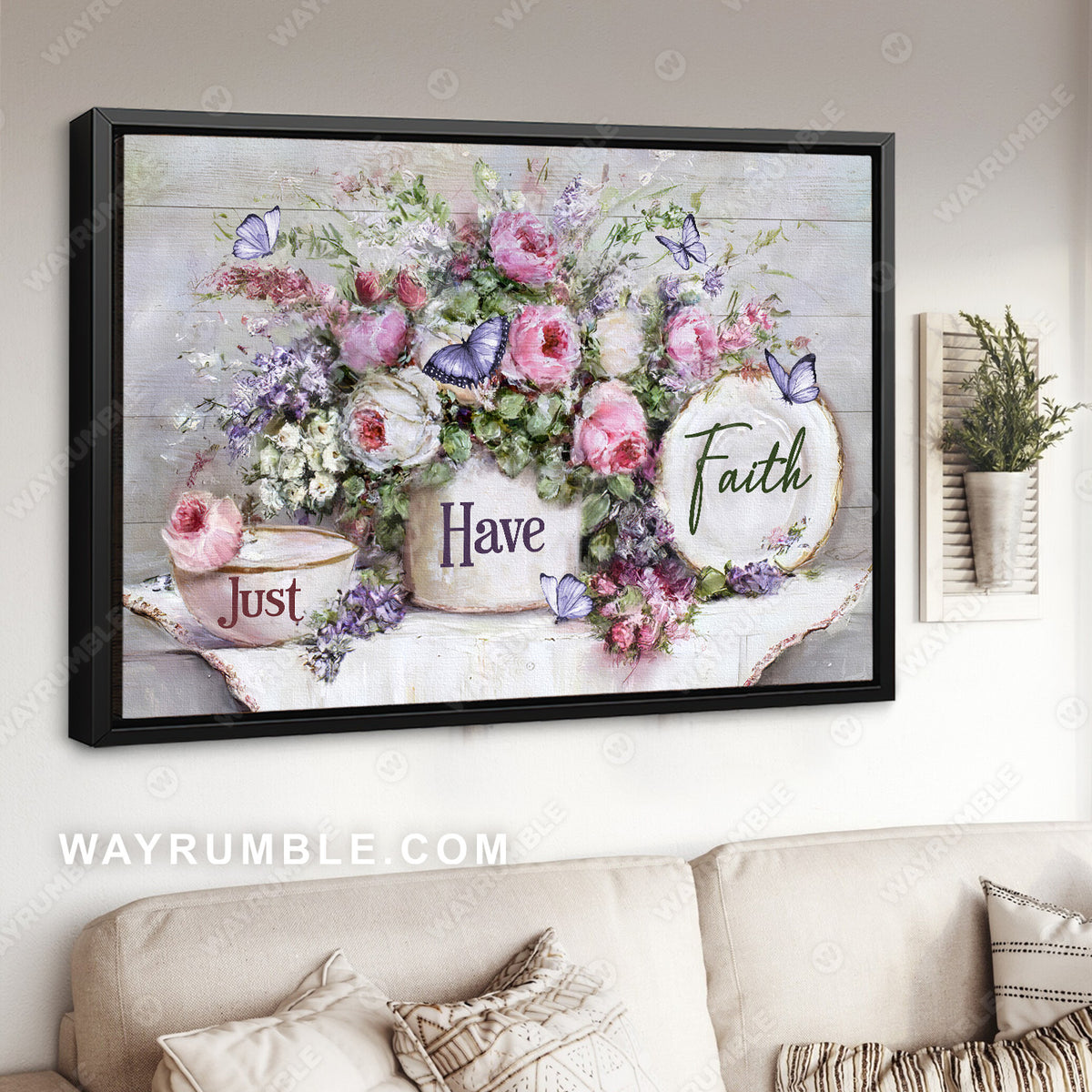Flower garden, Still life painting, Purple butterfly, Just have faith - Jesus Landscape Canvas Prints, Christian Wall Art
