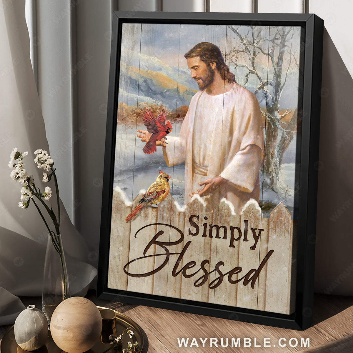 Beautiful Jesus painting, Pretty cardinal, Winter forest, Simply blessed - Jesus Portrait Canvas Prints, Home Decor Wall Art