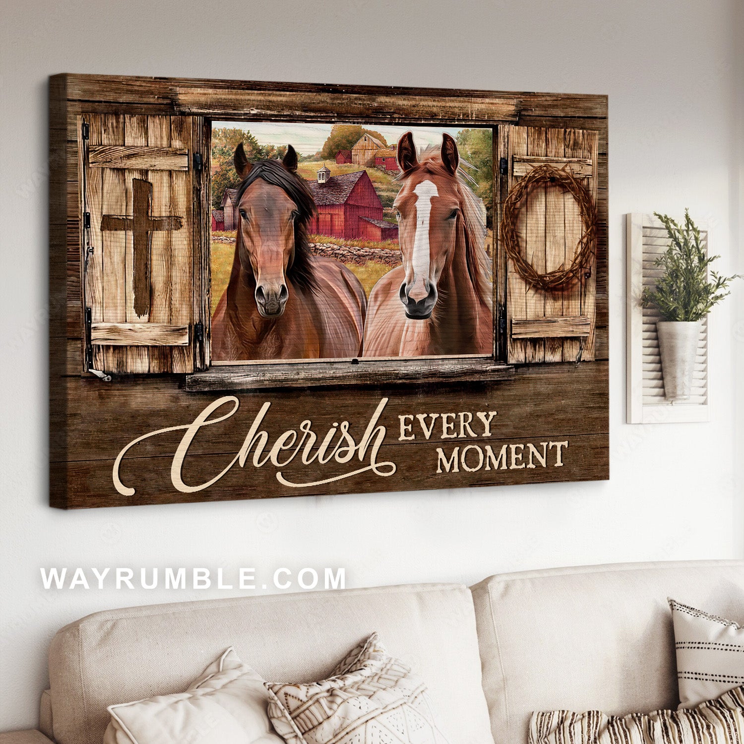 Wooden house, Quarter horses, Crown of thorn, Cherish every moment - Jesus Landscape Canvas Prints, Home Decor Wall Art