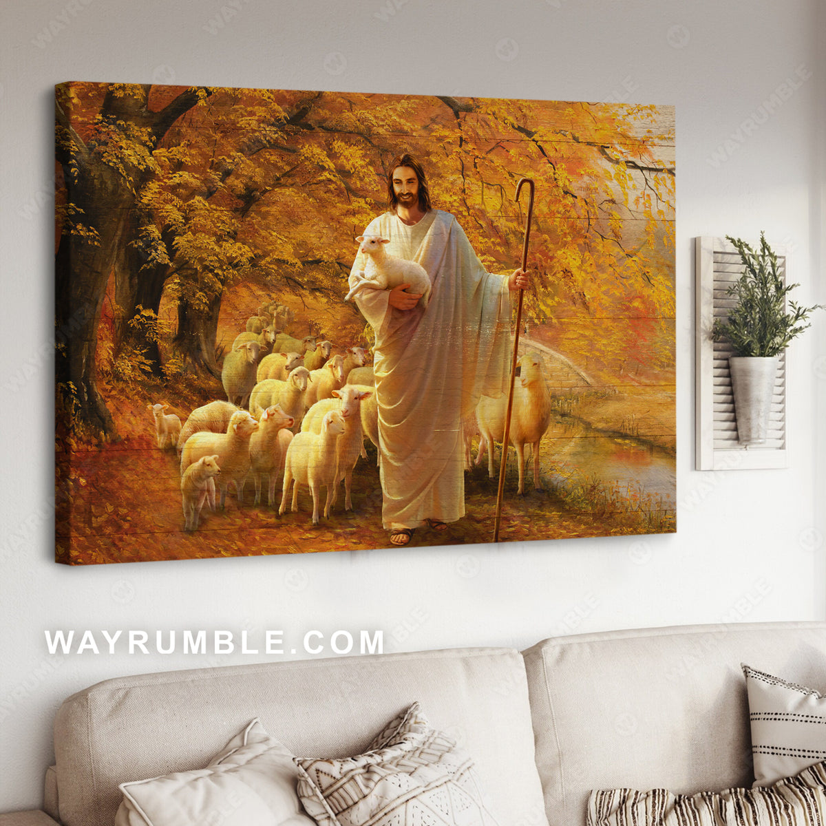 Pretty autumn forest, Lamb drawing, Walking with Jesus - Jesus Landscape Canvas Prints, Christian Wall Art
