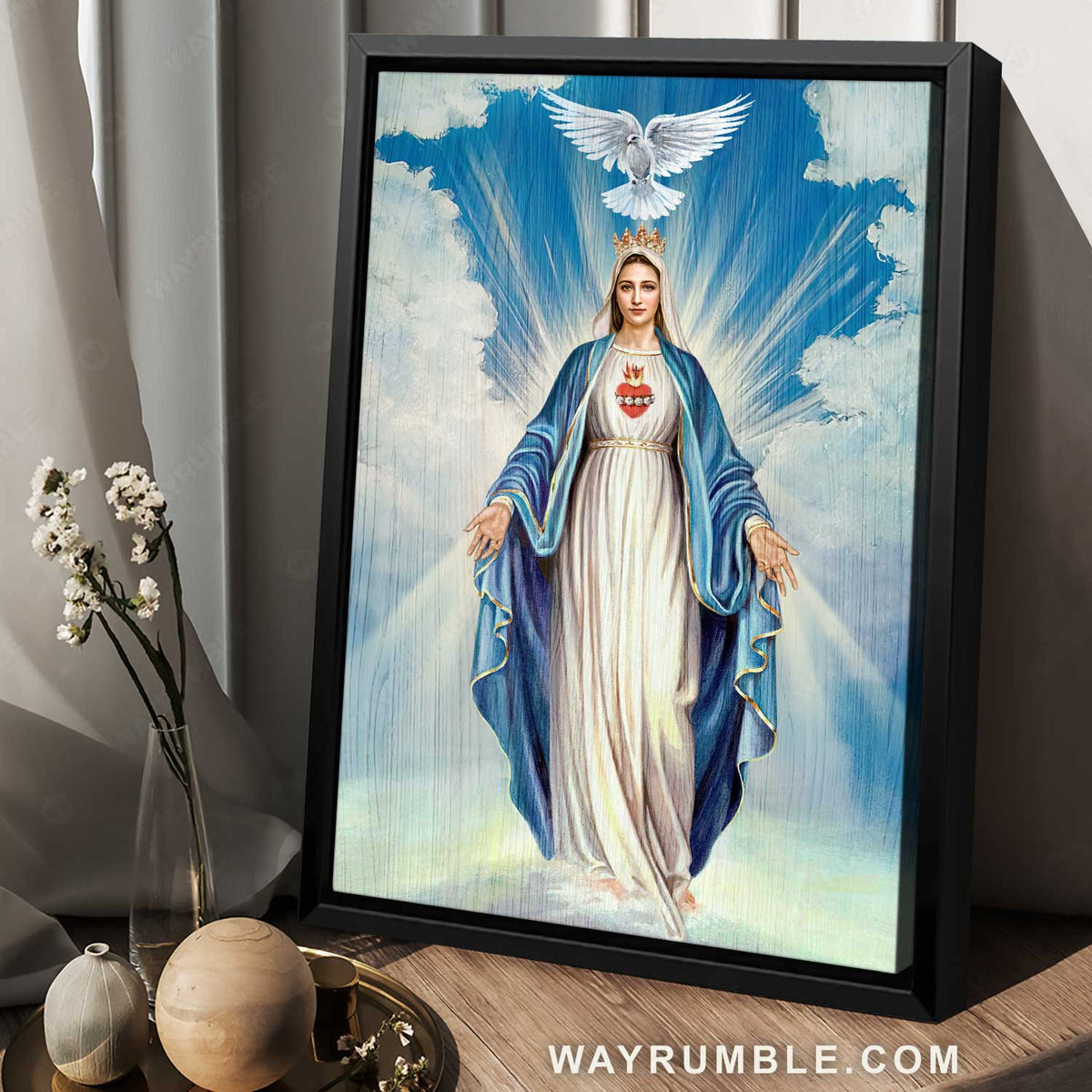 Stunning Maria painting, Blue heaven, White dove symbol - Jesus Portrait Canvas Prints, Home Decor Wall Art