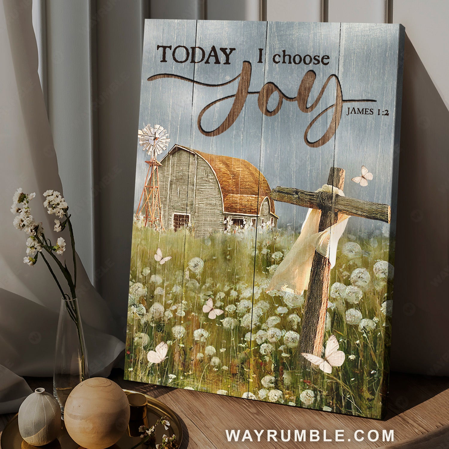 Dark sky, Wooden cross, Dandelion field, Vintage house, Today I choose joy - Jesus Portrait Canvas Prints, Christian Wall Art