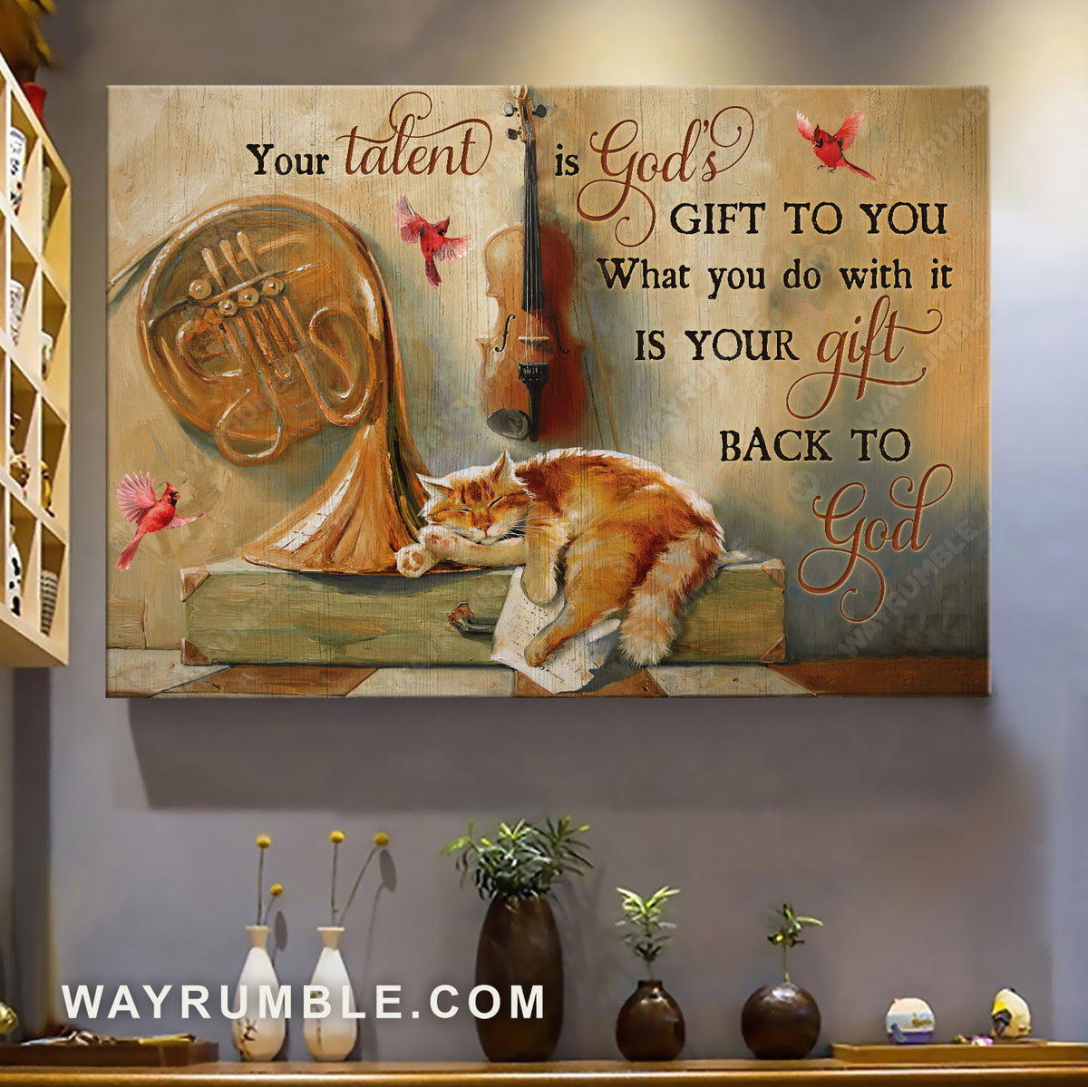 Vintage violin, Sleeping cat, Red cardinal, Your talent is God&#39;s gift to you - Jesus Landscape Canvas Prints, Christian Wall Art