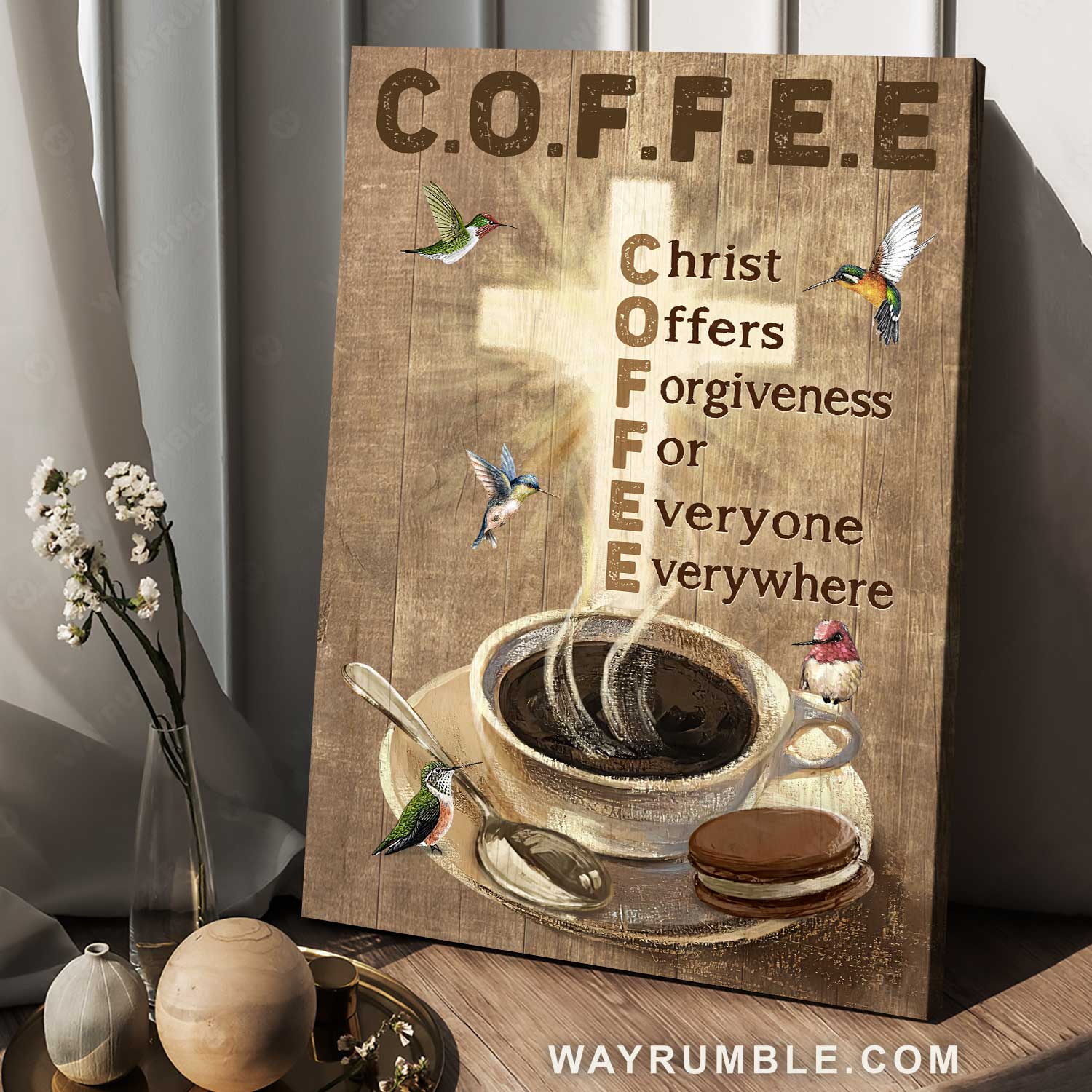 Beautiful coffee cup, Colorful hummingbird, Christ offers forgiveness - Jesus Portrait Canvas Prints, Home Decor Wall Art