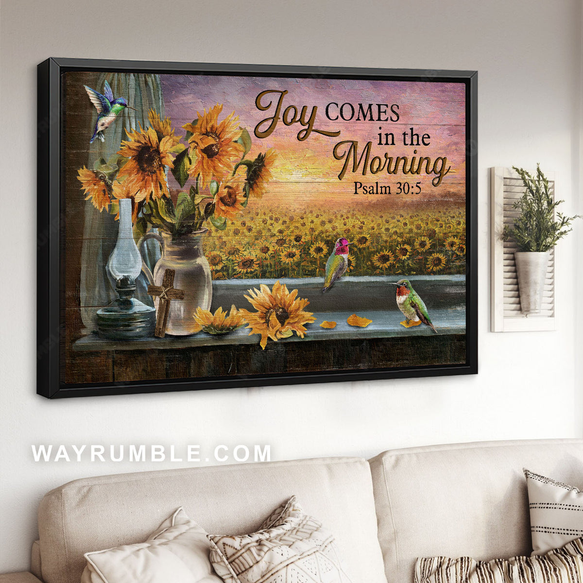 Stunning sunflower, Hummingbird, Joy comes in the morning - Jesus Landscape Canvas Prints, Christian Wall Art