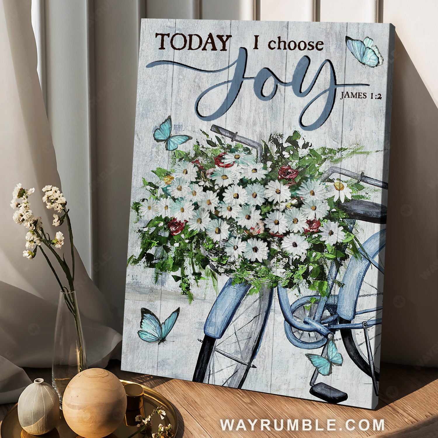 Daisy flower, Blue bicycle, Butterfly, Today I choose joy - Jesus Portrait Canvas Prints, Christian Wall Art