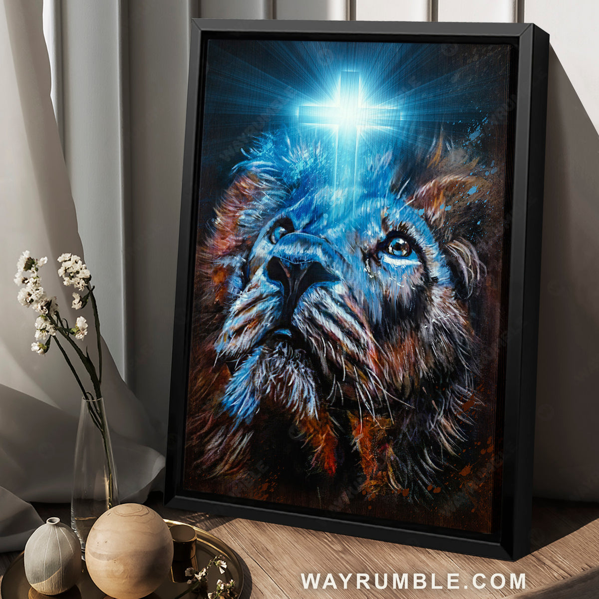 Blue lion, Light cross, Lion of Judah, Jesus artwork - Jesus Portrait Canvas Prints, Home Decor Wall Art