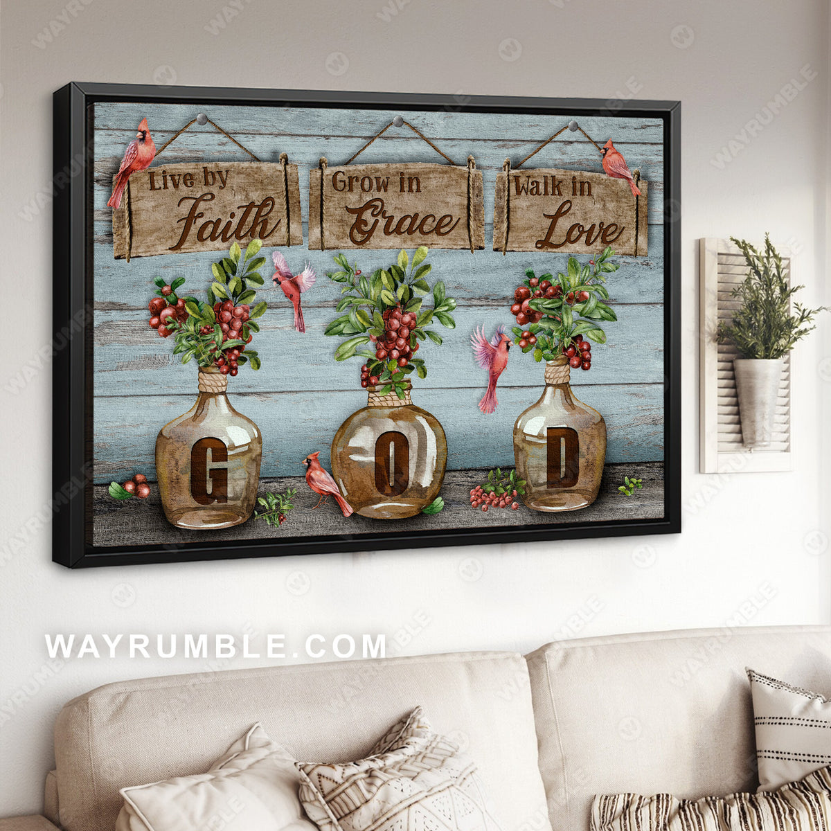 Cranberry garden, Red cardinal, Live by faith, Grow in grace - Jesus Landscape Canvas Prints, Christian Wall Art