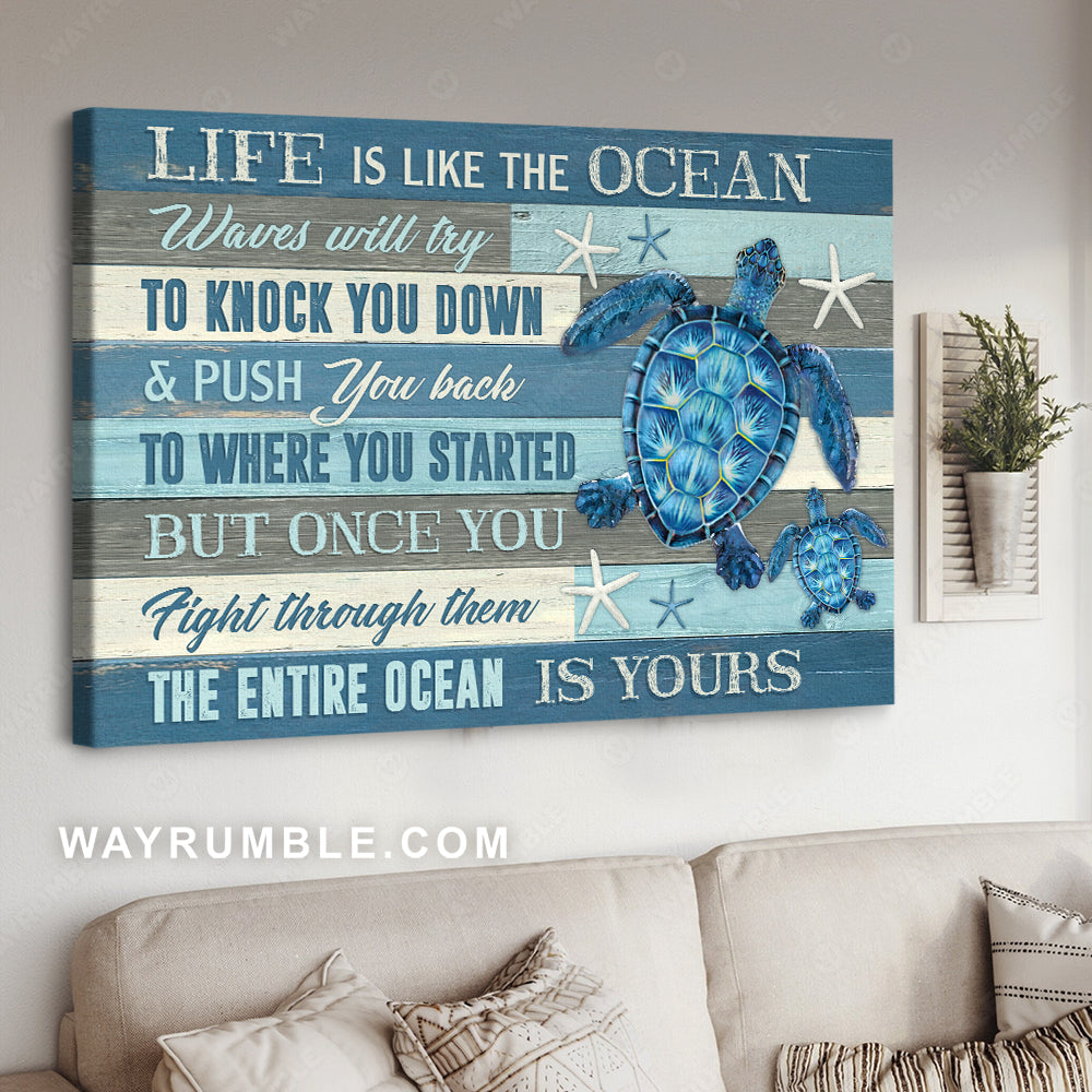 Unique sea turtle, Blue background, White starfish, Life is like the ocean - Jesus Landscape Canvas Prints, Christian Wall Art