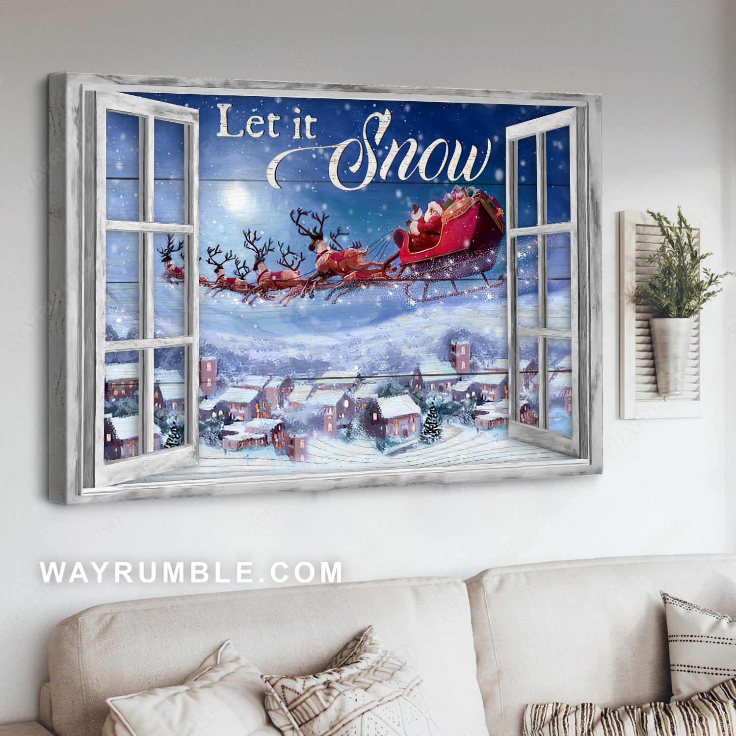 Blue night, Beautiful reindeer, Santa Claus painting, Let it snow - Jesus Landscape Canvas Prints, Home Decor Wall Art