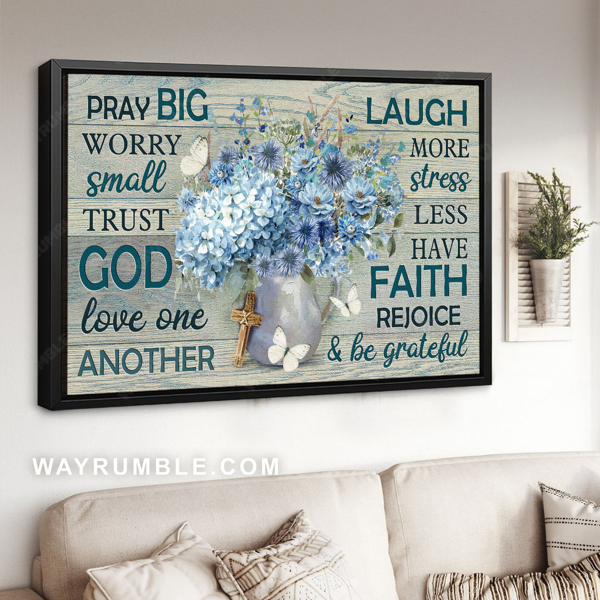 Blue jasmine, Hydrangea flower, White butterfly, Pray big, Worry small - Jesus Landscape Canvas Prints, Christian Wall Art