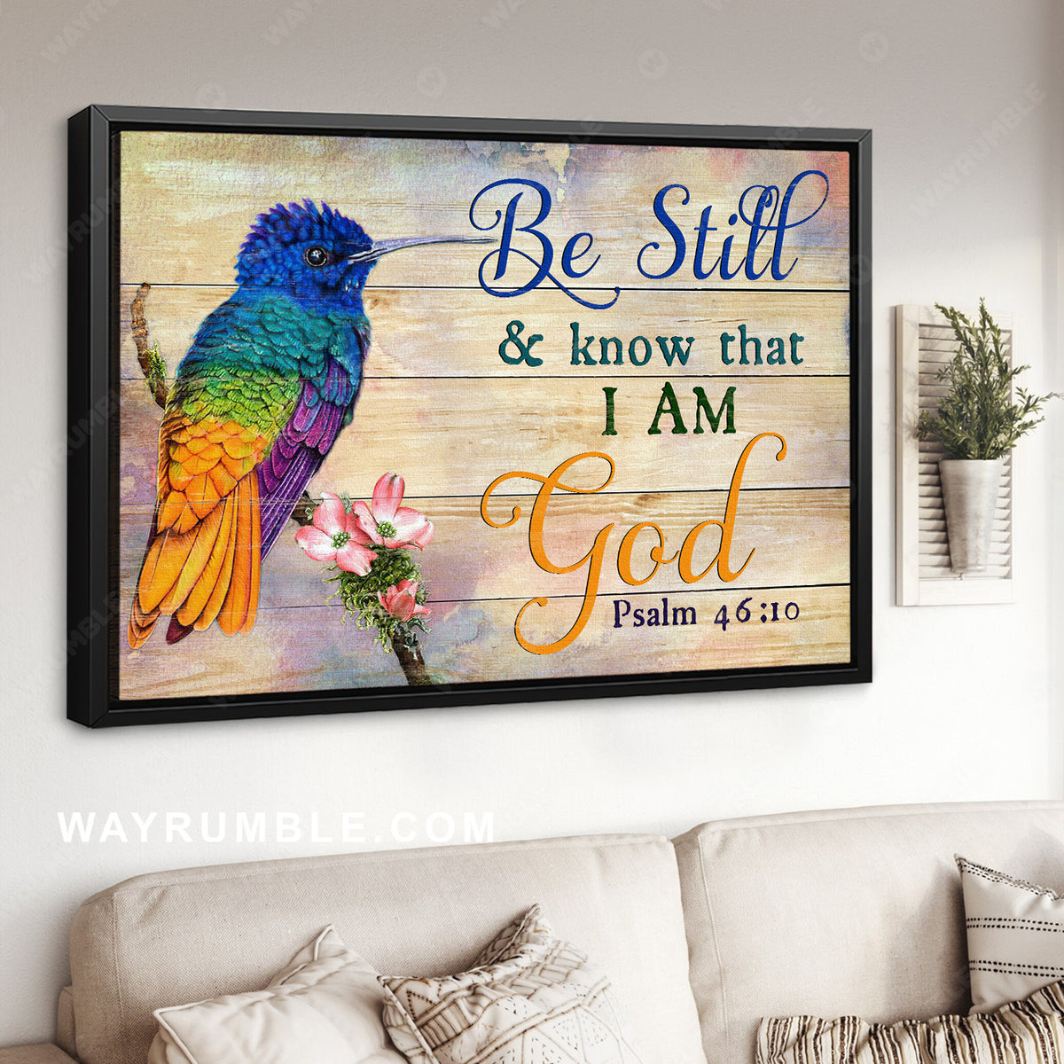 Colorful hummingbird, Pink flower, Be still and know that I am God - Jesus Landscape Canvas Prints, Christian Wall Art