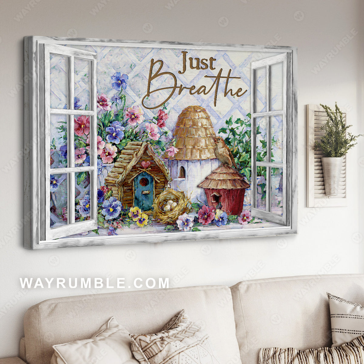 Little house, Pretty flower garden, White window, Just breathe - Jesus Landscape Canvas Prints, Christian Wall Art