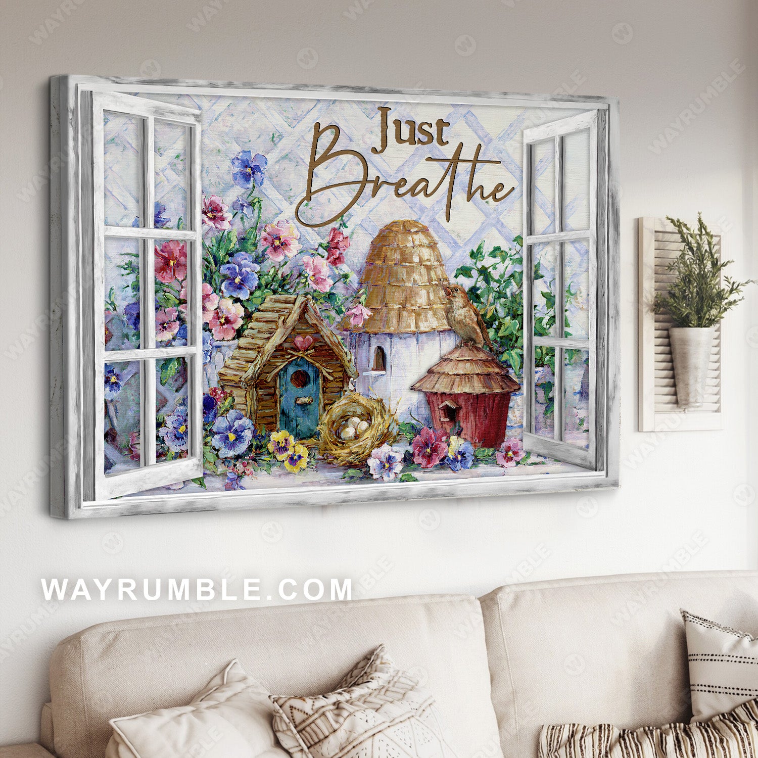 Little house, Pretty flower garden, White window, Just breathe - Jesus Landscape Canvas Prints, Christian Wall Art