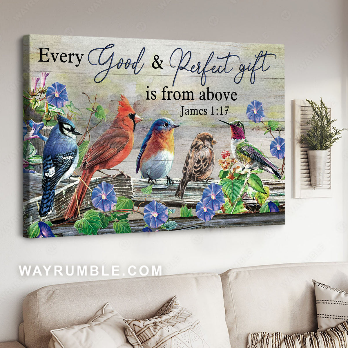Stunning violet flower, Beautiful birds, Every good and perfect gift is from above - Jesus Landscape Canvas Prints, Christian Wall Art