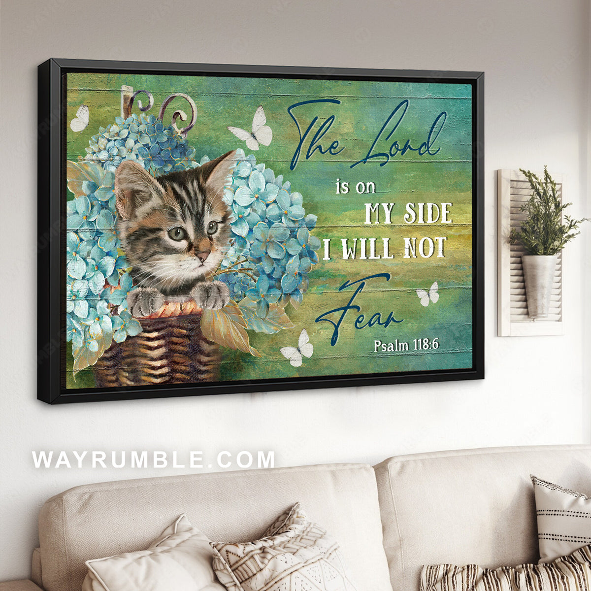 Blue hydrangea vase, Little cat, White butterfly, The Lord is on my side - Jesus Landscape Canvas Prints, Christian Wall Art