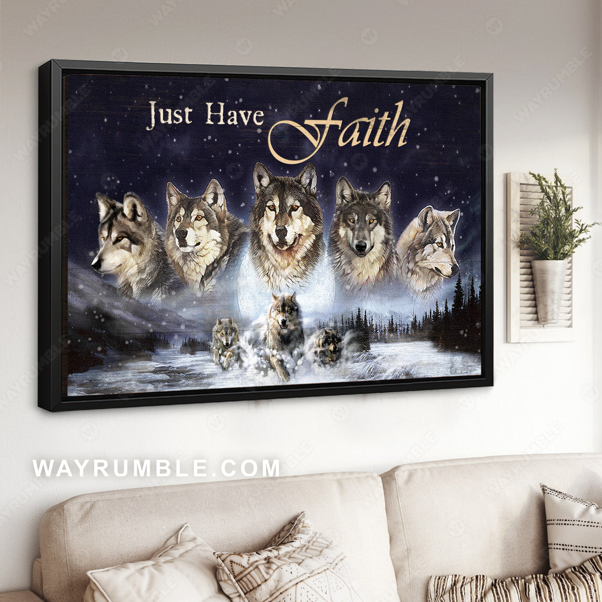Watercolor wolf, Winter forest, White snow, Just have faith - Jesus Landscape Canvas Prints, Christian Wall Art