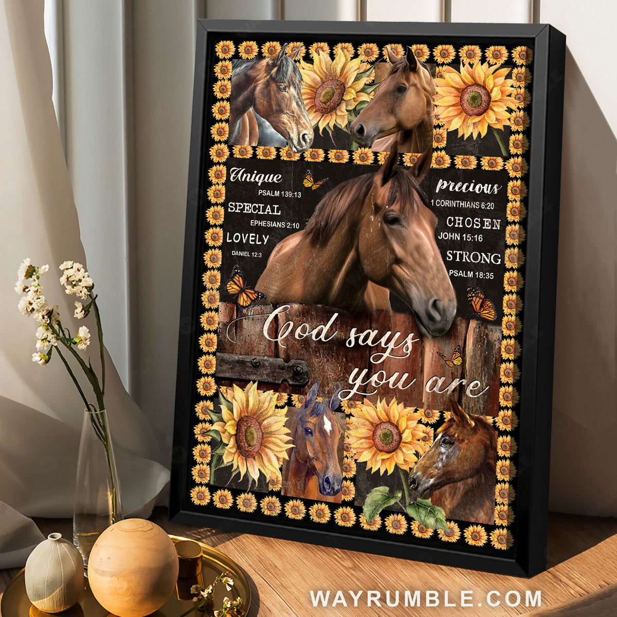 Stunning sunflower frame, Brown horse, God says you are unique - Jesus Portrait Canvas Prints, Home Decor Wall Art