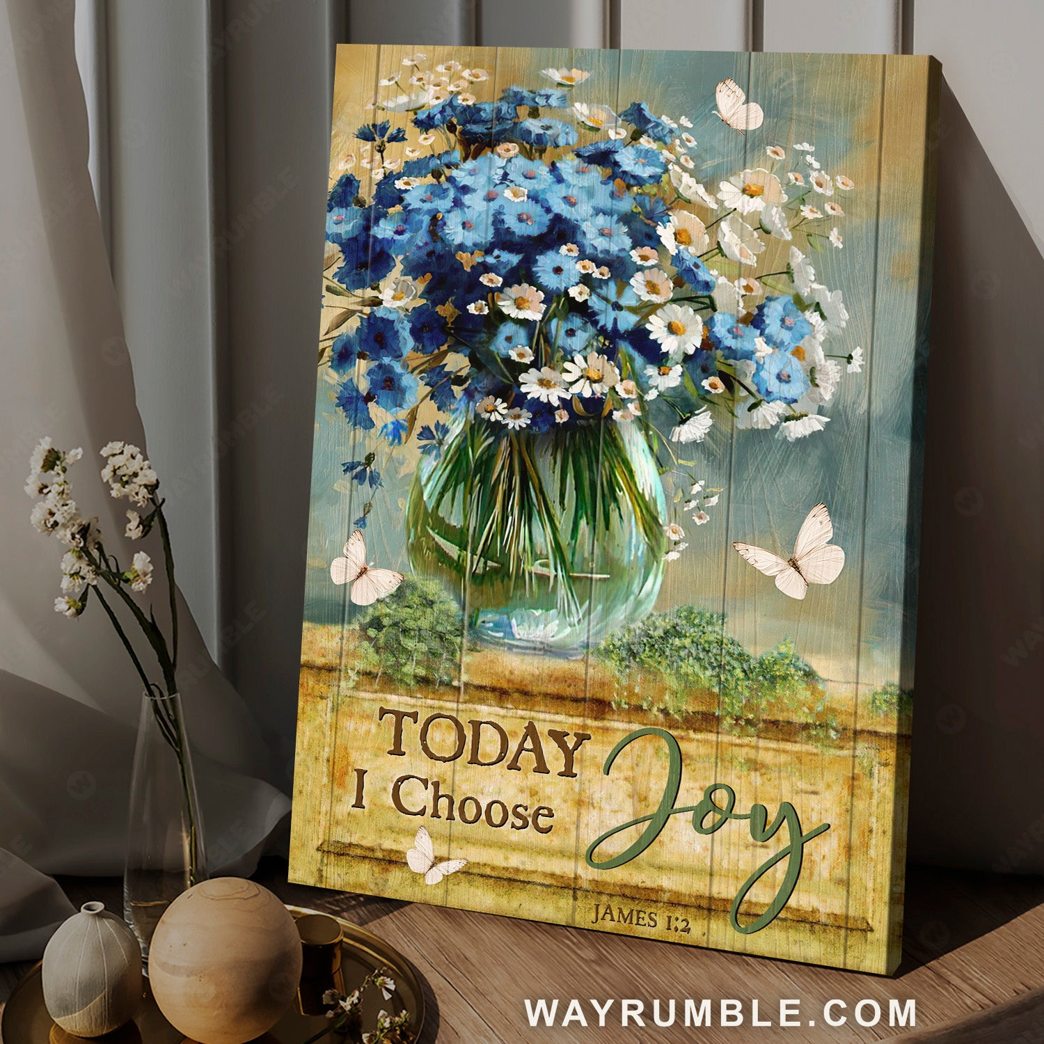 Watercolor flower, Blue daisy, Pretty butterfly, Today I choose joy - Jesus Portrait Canvas Prints, Home Decor Wall Art