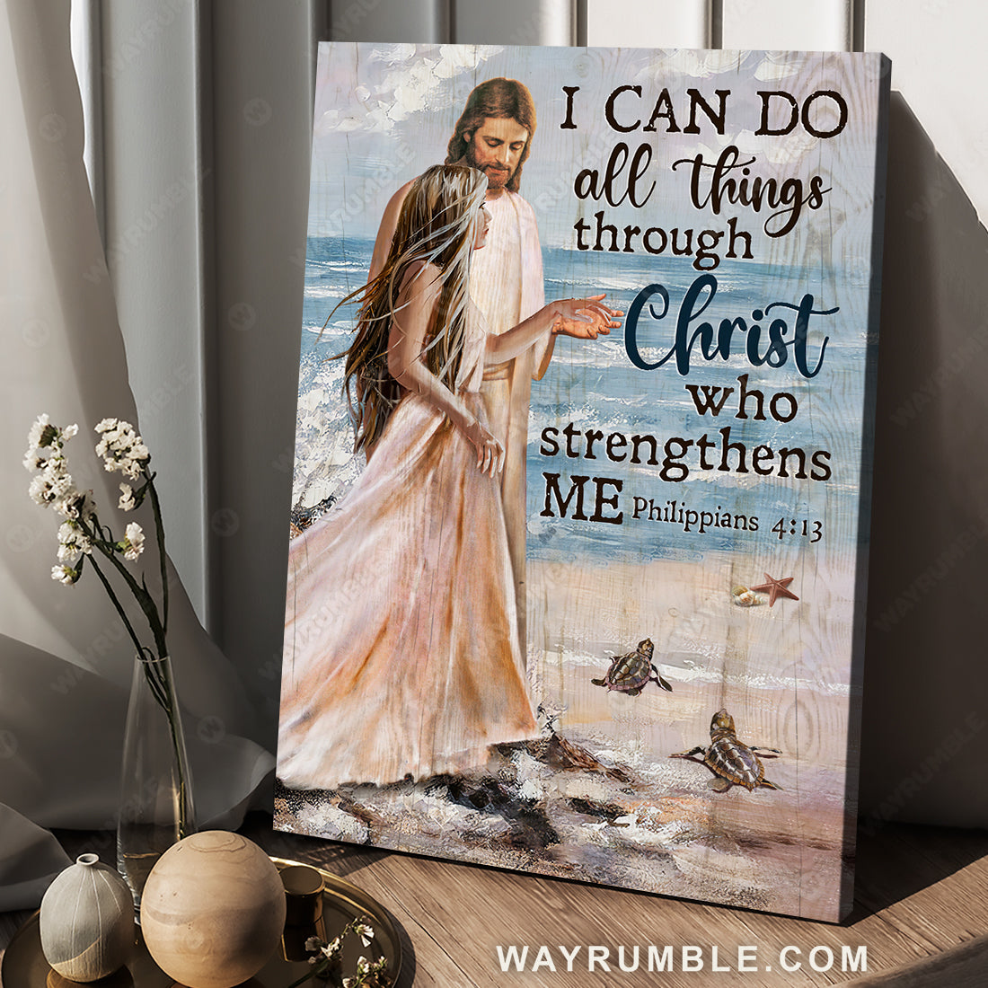Beautiful girl, Beach painting, I can do all things through Christ who strengthens me - Jesus Portrait Canvas Prints, Christian Wall Art