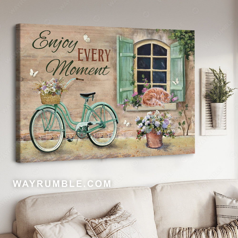 Green bicycle, Vintage window, Pretty flower, Enjoy every moment - Jesus Landscape Canvas Prints, Christian Wall Art