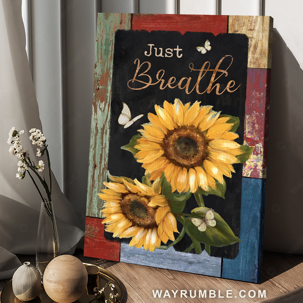 Pretty sunflower, Unique background, Butterfly, Just breathe - Jesus Portrait Canvas Prints, Christian Wall Art