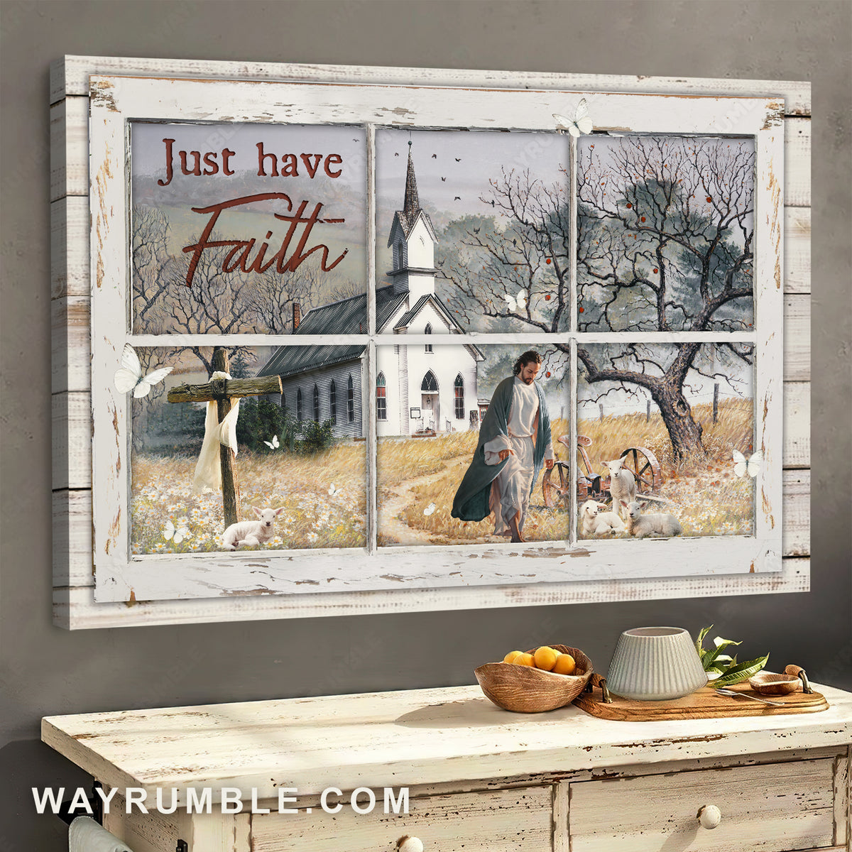Vintage church, Peace painting, Walking with Jesus, Just have faith - Jesus Landscape Canvas Prints, Christian Wall Art