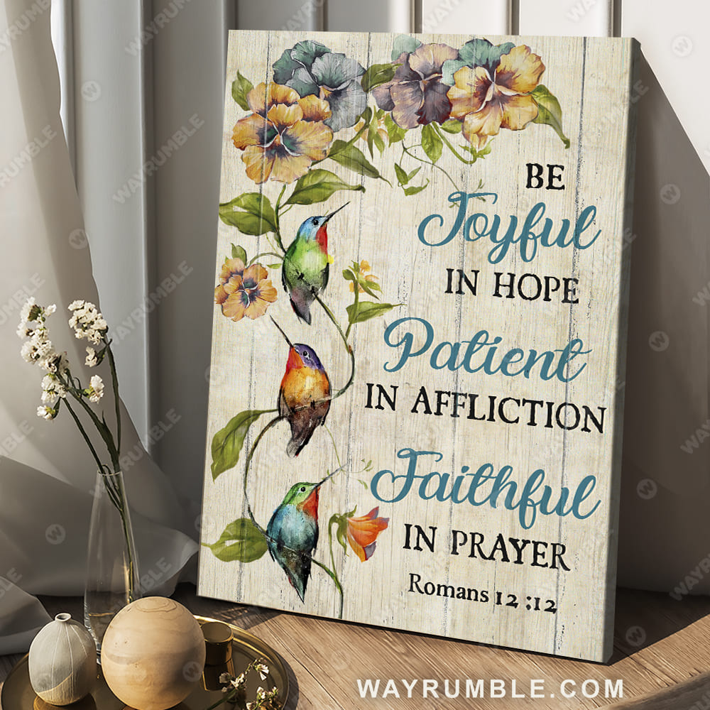 Flower garden, Colorful hummingbird, Spring painting, Be joyful in hope - Jesus Portrait Canvas Prints, Christian Wall Art