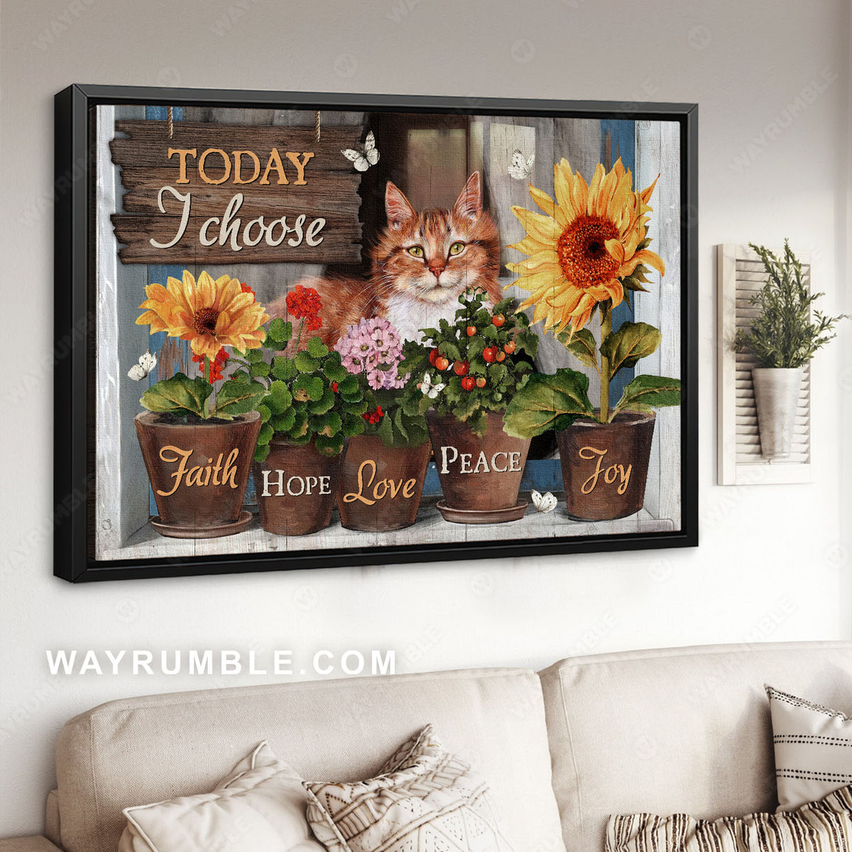 Lazy cat, Pretty flower vase, Big sunflower, Today I choose joy - Jesus Landscape Canvas Prints, Christian Wall Art
