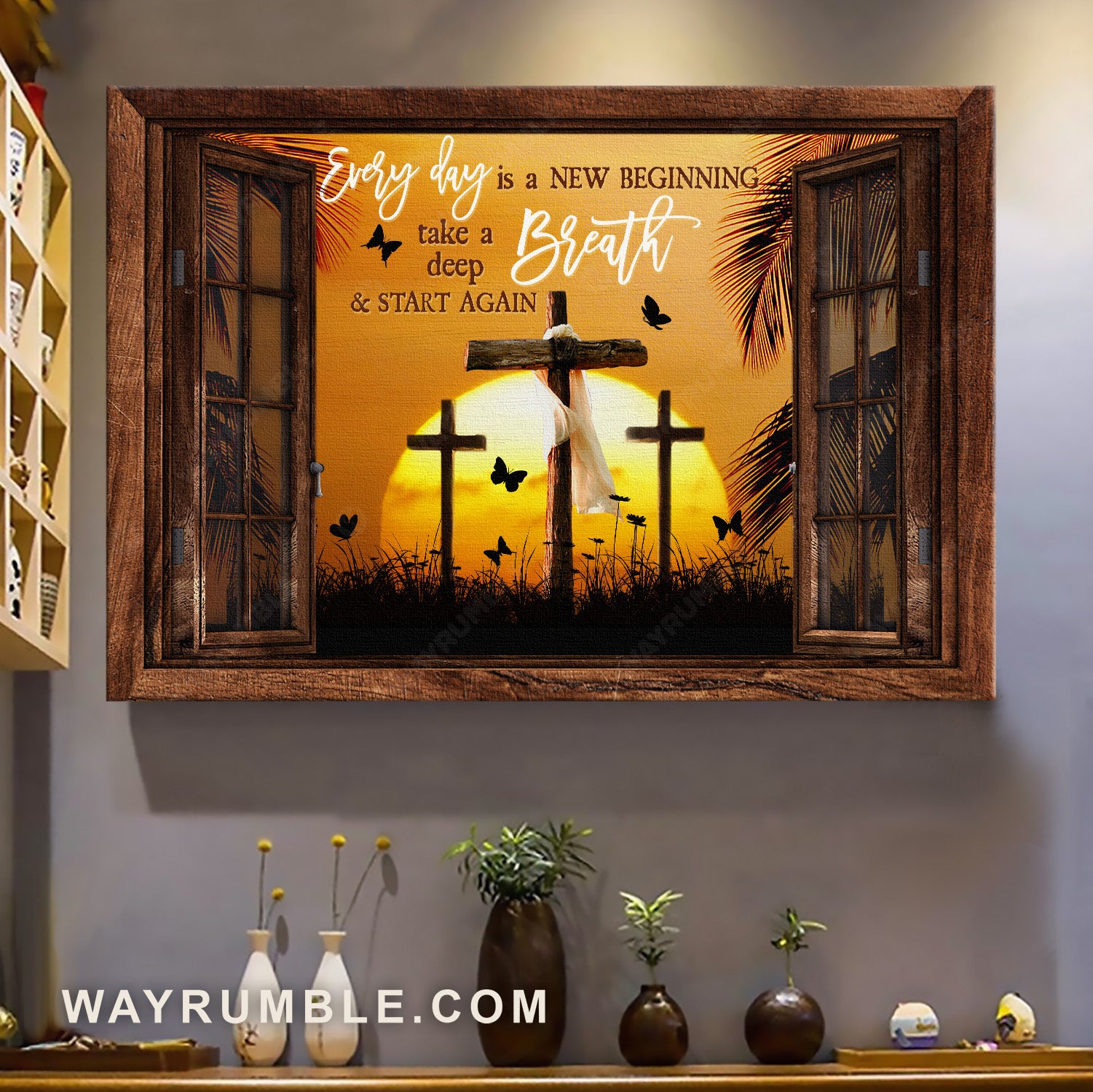 Stunning sunset, Orange sky, Cross symbol, Every day is a new beginning - Jesus Landscape Canvas Prints, Home Decor Wall Art
