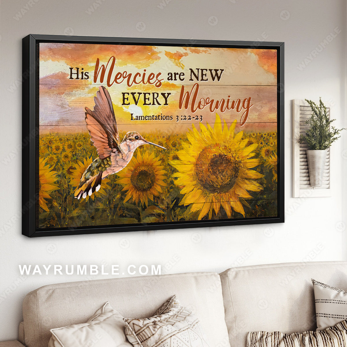 Stunning hummingbird, Sunflower field, His mercies are new every morning - Jesus Landscape Canvas Prints, Christian Wall Art