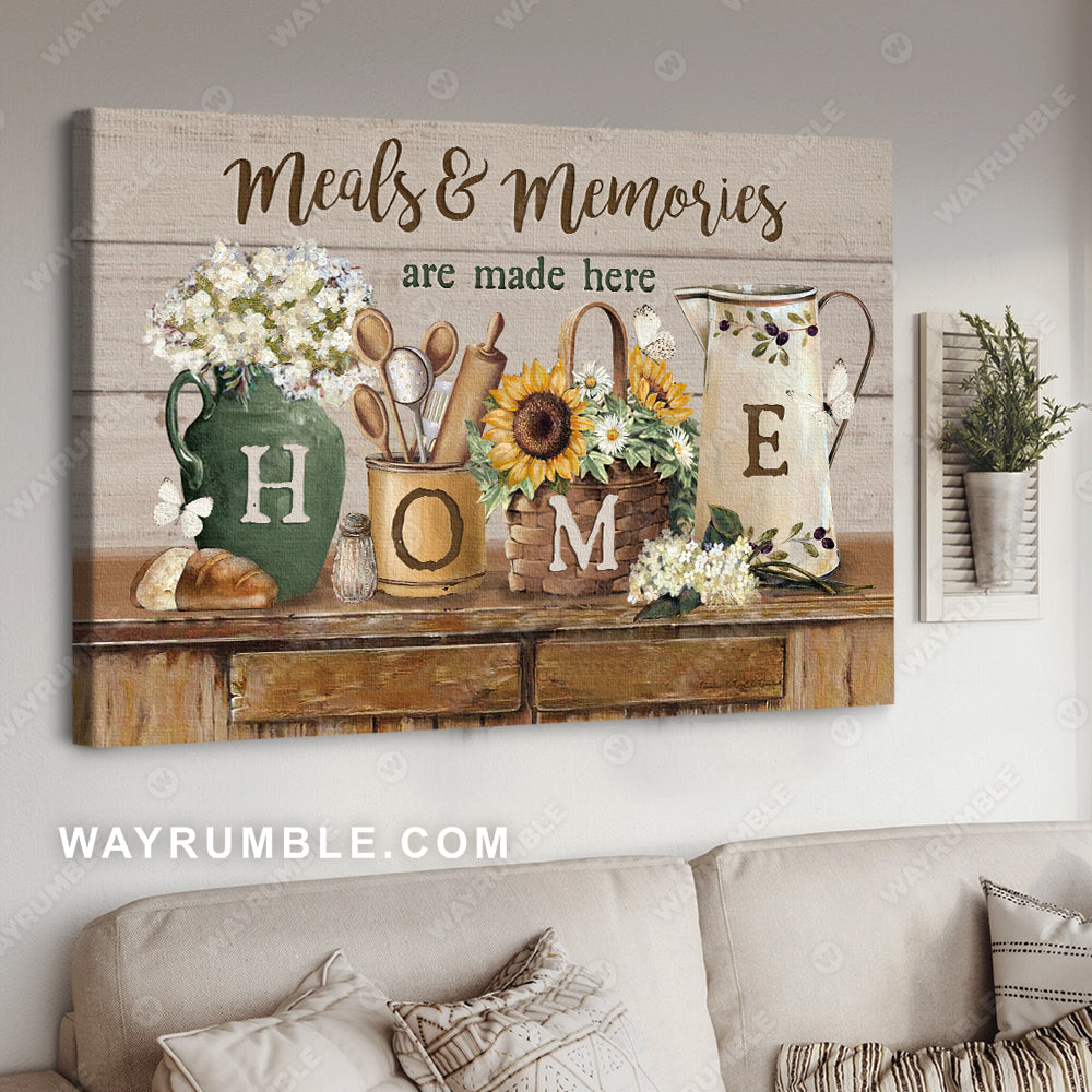 Sunflower painting, Vintage kitchen, Butterfly, Meals and memories are made here home - Family Landscape Canvas Prints, Wall Art