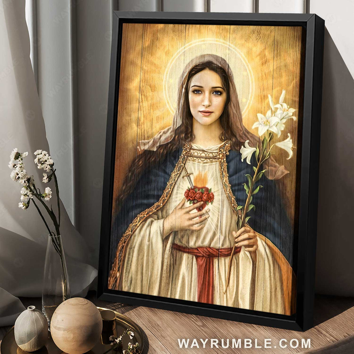 Stunning Maria, Awesome artwork, Lily flower, Infinite halo - Jesus Portrait Canvas Prints, Home Decor Wall Art