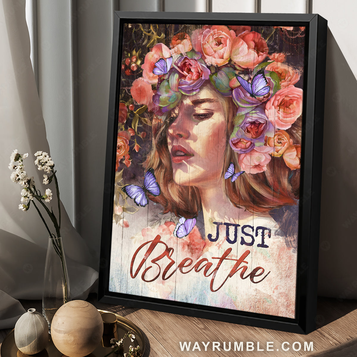 Brilliant flower wreath, Purple butterfly, Girl drawing, Just breathe - Jesus Portrait Canvas Prints, Christian Wall Art