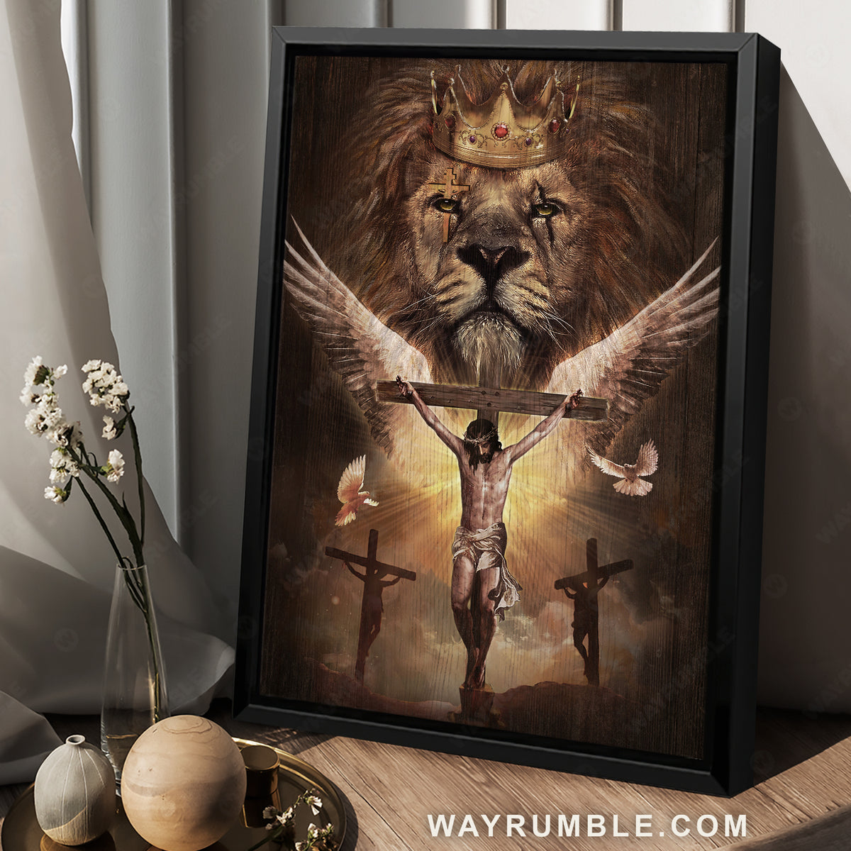 Watercolor lion, Jesus on cross, Golden crown, White dove - Jesus Portrait Canvas Prints, Christian Wall Art