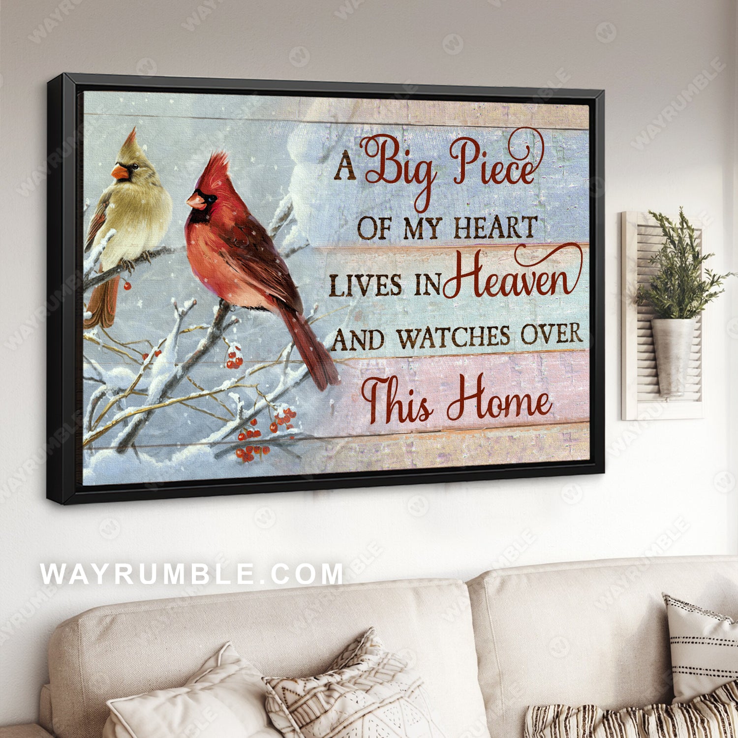 Winter painting, Watercolor cardinal, Snow, Cranberry, A big piece of my heart lives in heaven - Jesus Landscape Canvas Prints, Christian Wall Art
