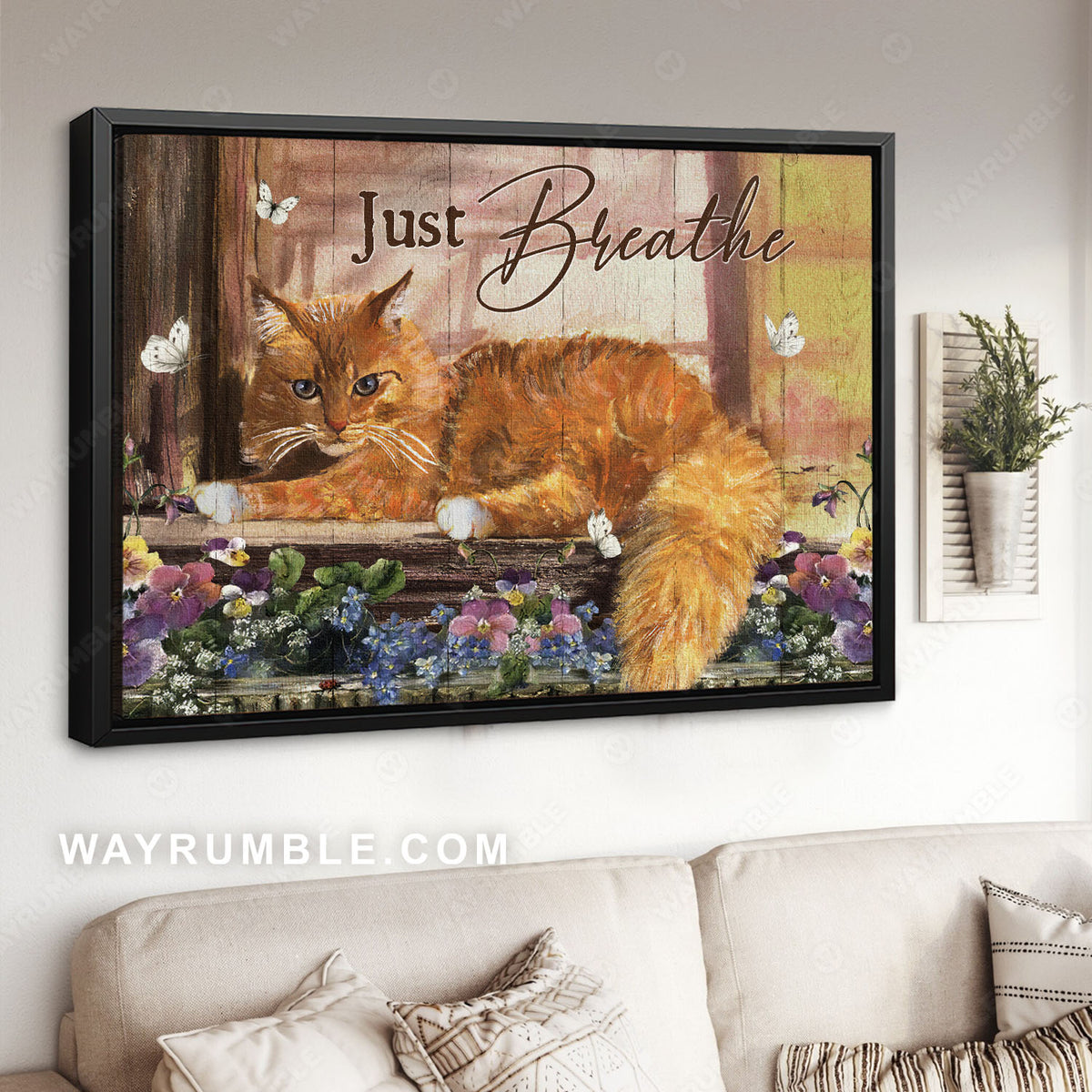 Beautiful cat painting, Purple flower, White butterfly, Just breathe - Jesus Landscape Canvas Prints, Christian Wall Art