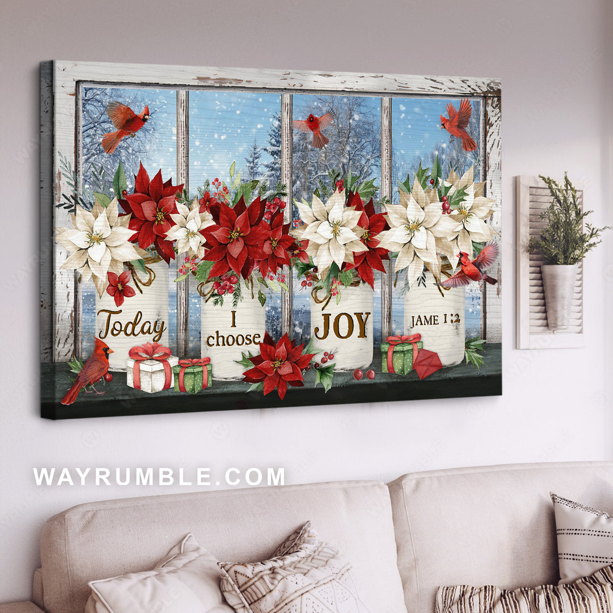 Christmas vibe, Poinsettia flower painting, Today I choose joy - Jesus Landscape Canvas Prints, Home Decor Wall Art