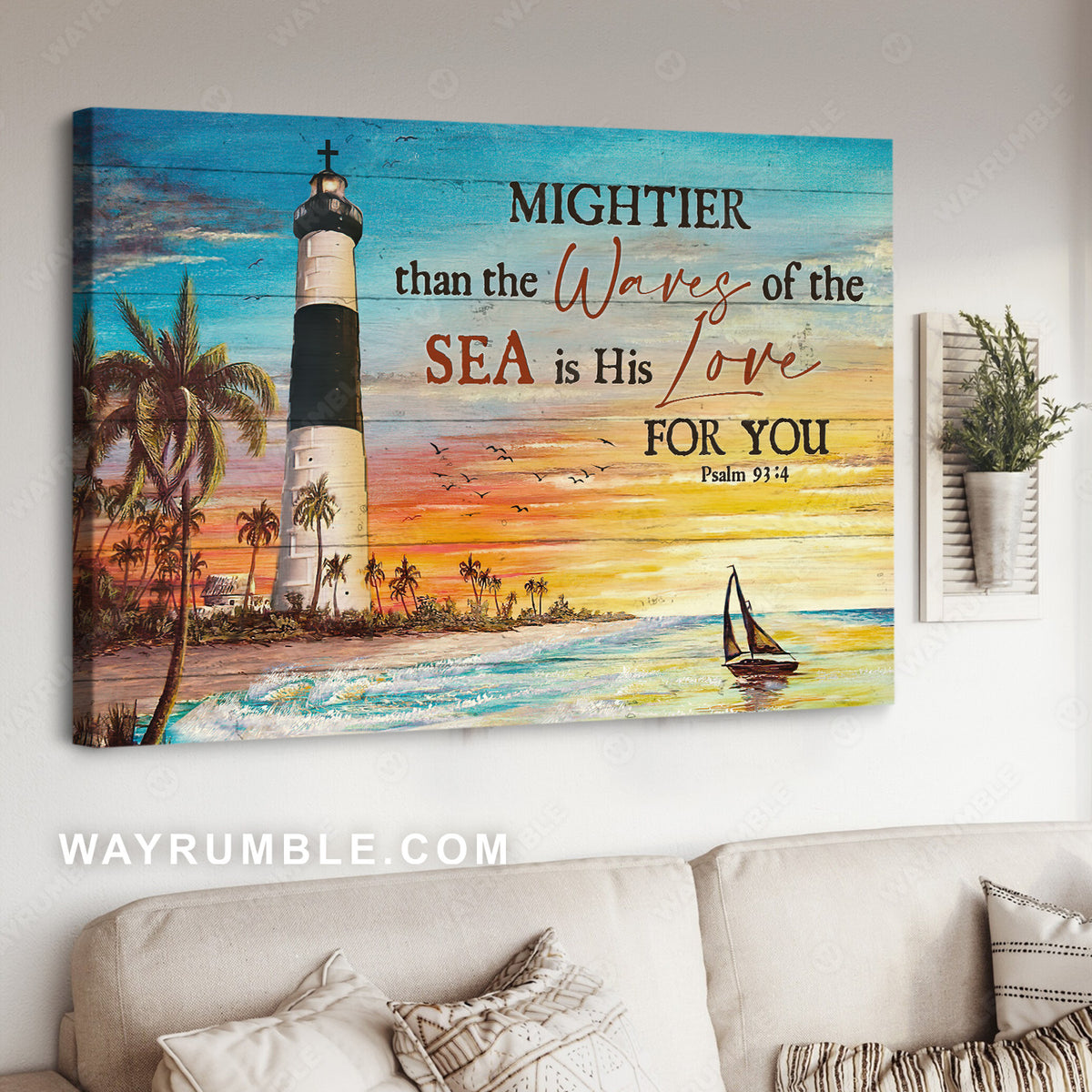 Colorful sunset, Beautiful lighthouse, Mightier than the wares of the sea - Jesus Landscape Canvas Prints, Christian Wall Art